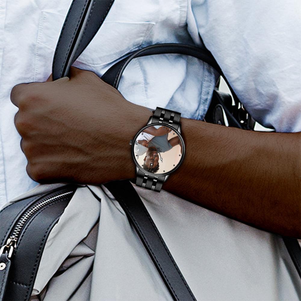 Reloj Con Foto De Brazalete De Aleación Negra Grabado Para Hombre De 38 Mm