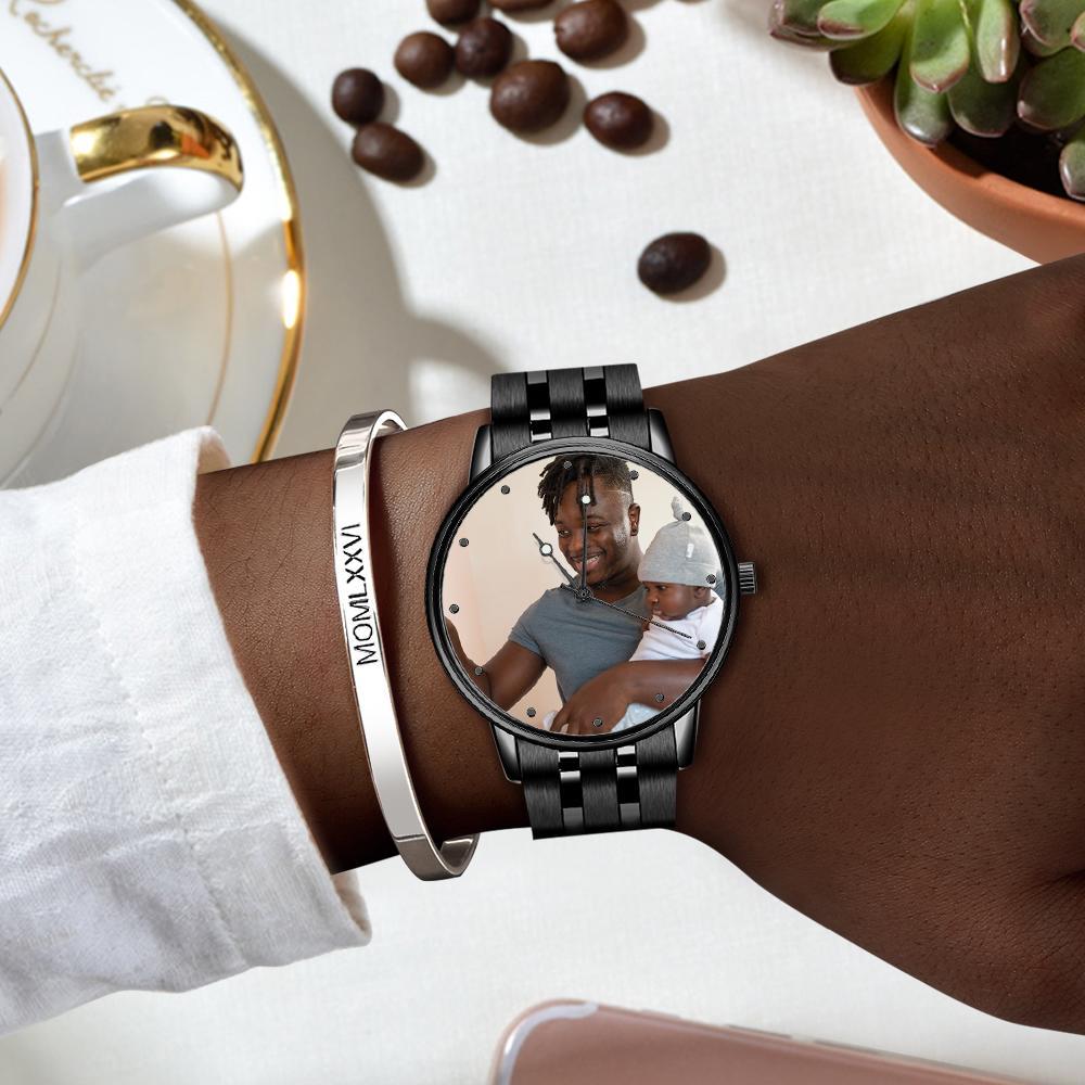 Reloj Con Foto De Brazalete De Aleación Negra Grabado Para Hombre De 38 Mm