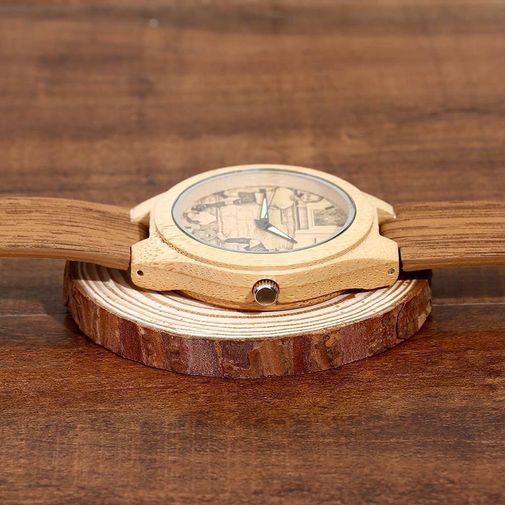 Hombre Grabable Bambú Reloj de Foto Correa de Cuero de Color Madera 45mm