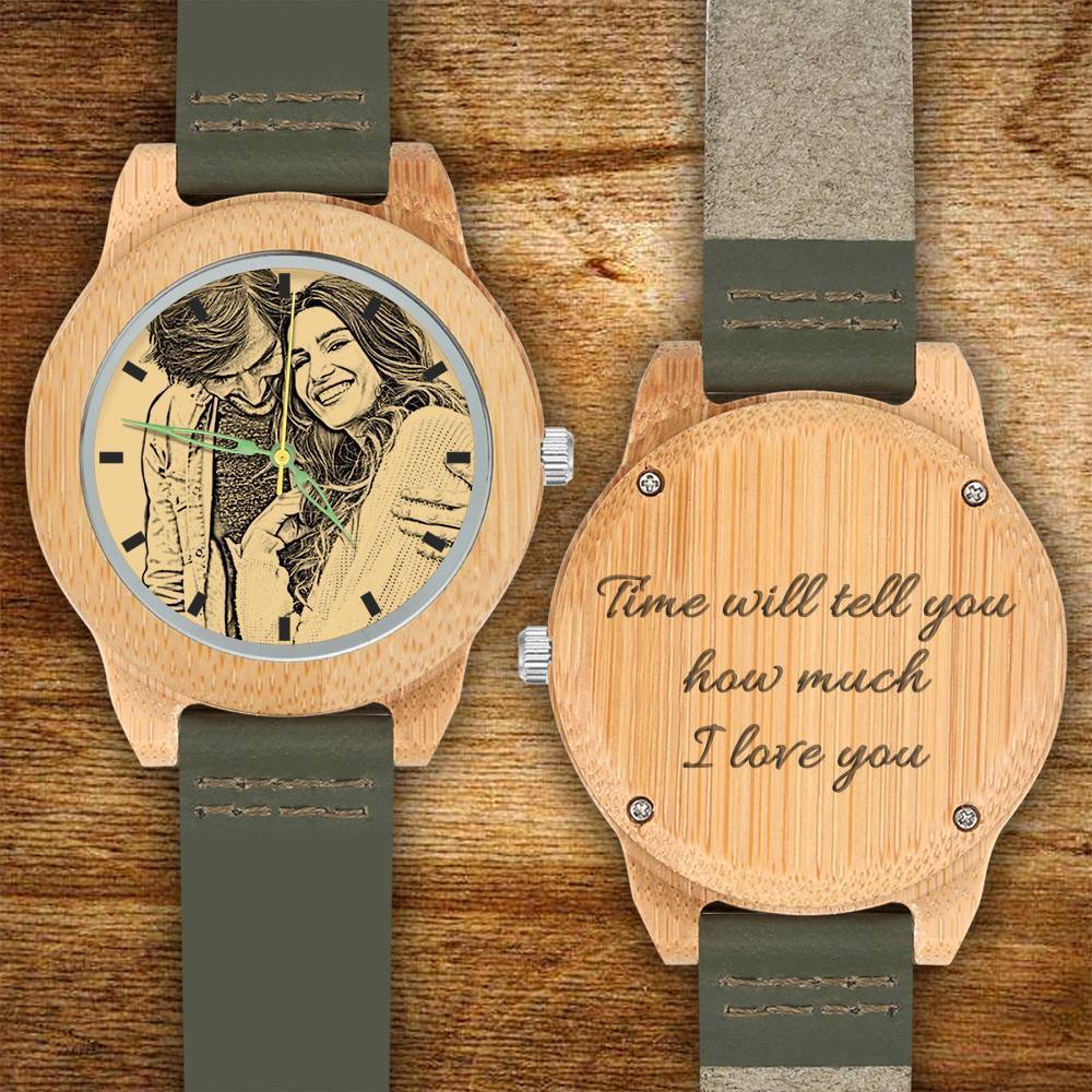 Femenino Grabable Bambú Reloj de Foto Correa de Cuero Verde Oscuro 40mm