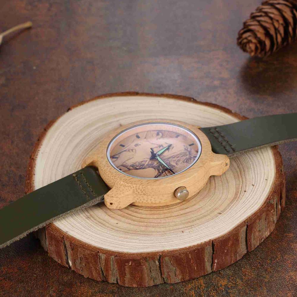 Femenino Grabable Bambú Reloj de Foto Correa de Cuero Verde Oscuro 40mm