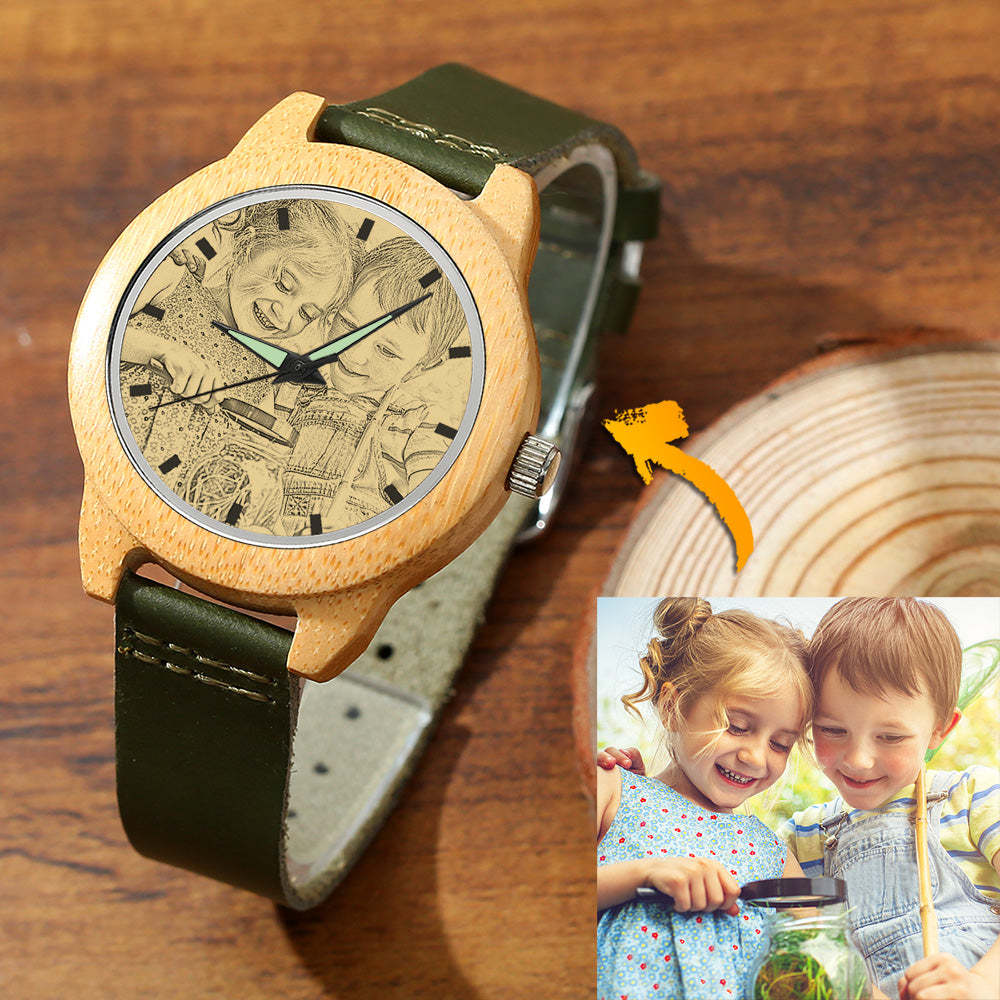 Femenino Grabable Bambú Reloj de Foto Correa de Cuero Verde Oscuro 40mm