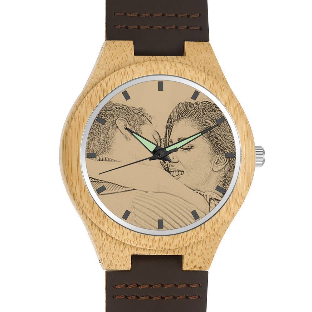 Femenino Grabable Bambú Reloj de Foto Correa de Cuero Marrón 40mm