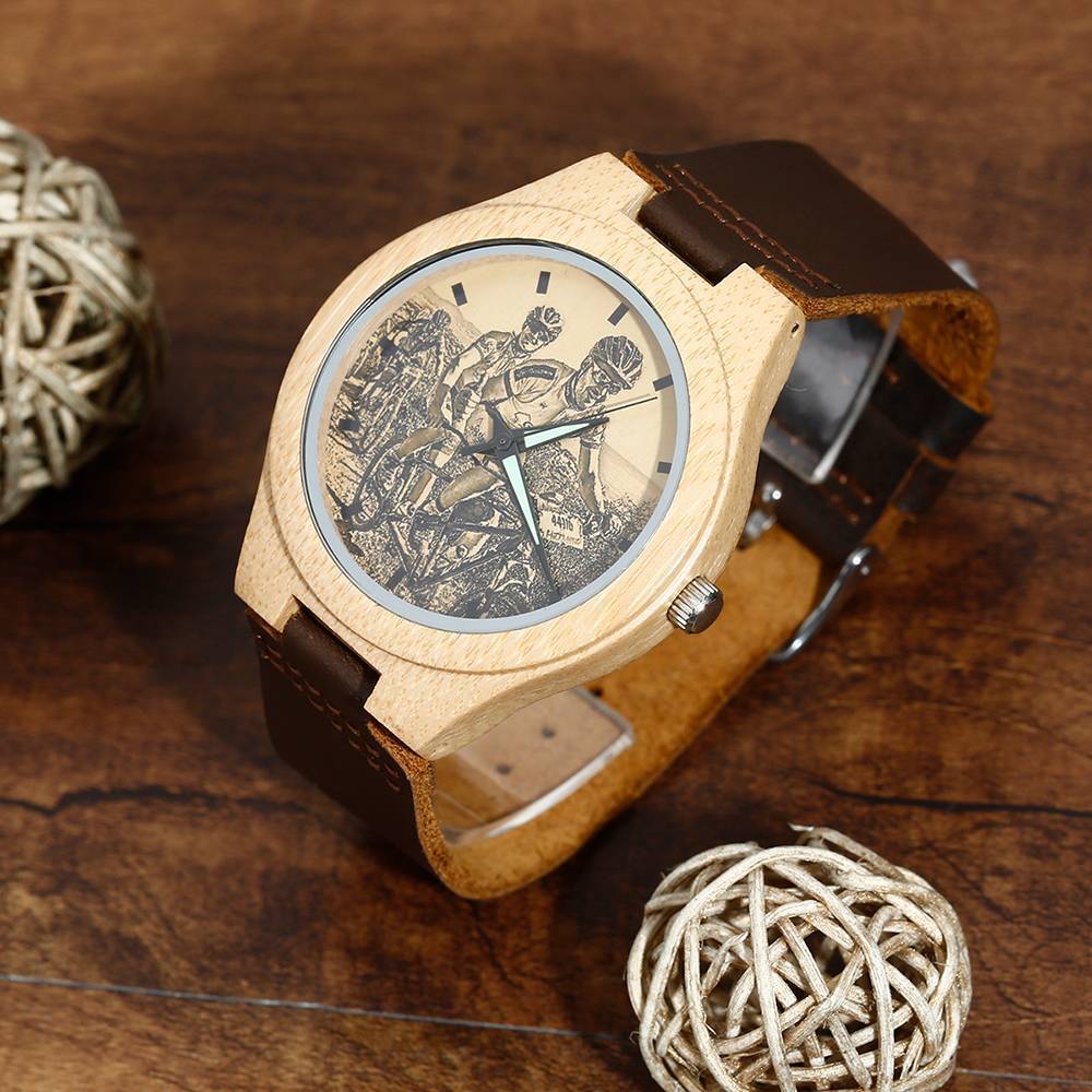 Hombre Bambú Reloj Grabable de Foto Correa de Cuero Marrón 45mm