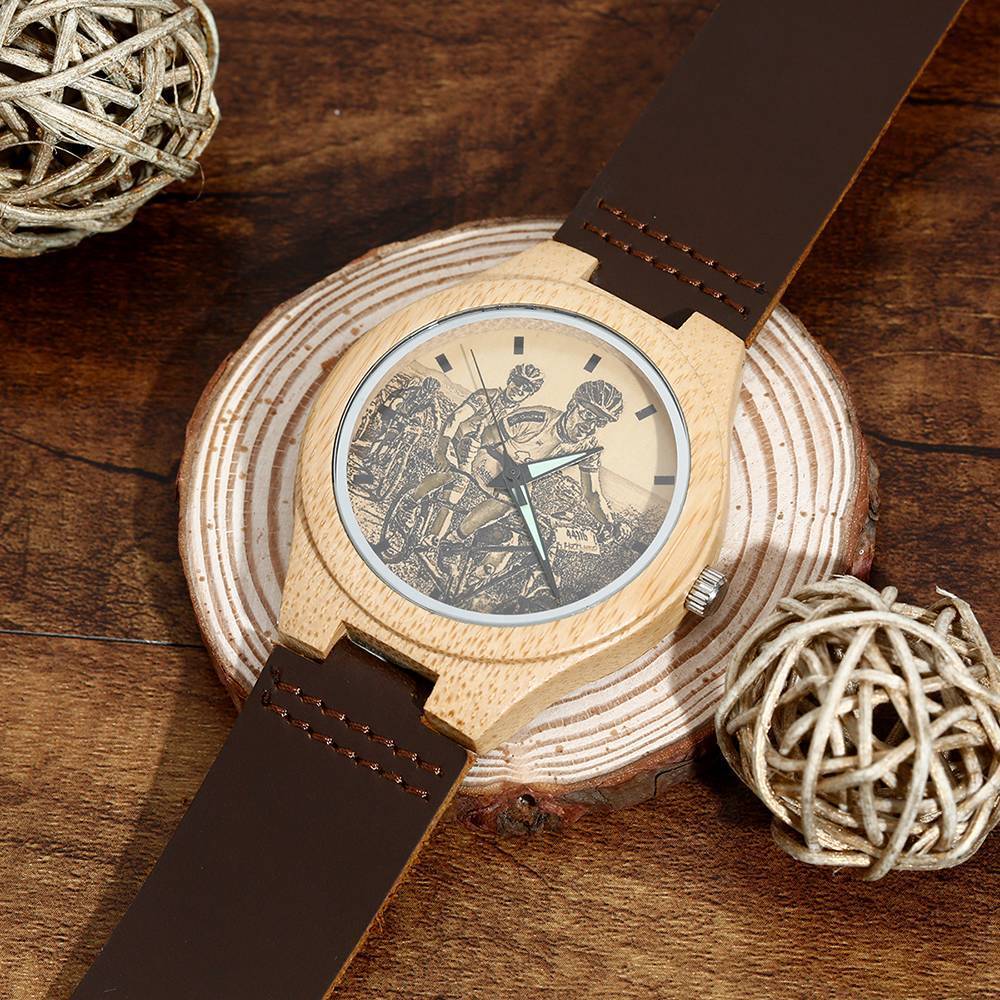 Hombre Bambú Reloj Grabable de Foto Correa de Cuero Marrón 45mm