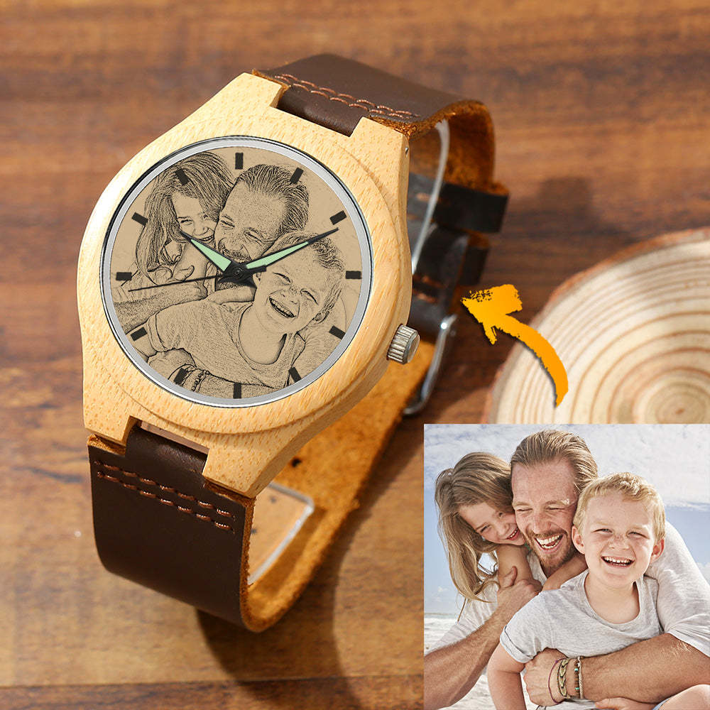 Hombre Madera Reloj Grabable de Foto Correa de Cuero de Color Madera 45mm