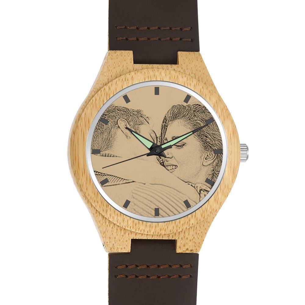 Hombre Bambú Reloj Grabable de Foto Correa de Cuero Marrón 45mm