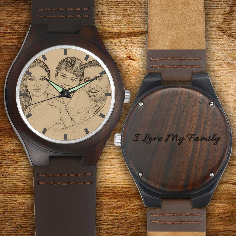 Hombre Madera Reloj Grabable de Foto Correa de Cuero Marrón 45mm