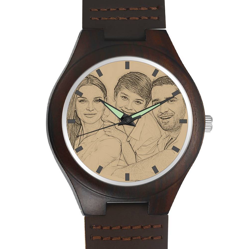 Hombre Madera Reloj Grabable de Foto Correa de Cuero Marrón 45mm