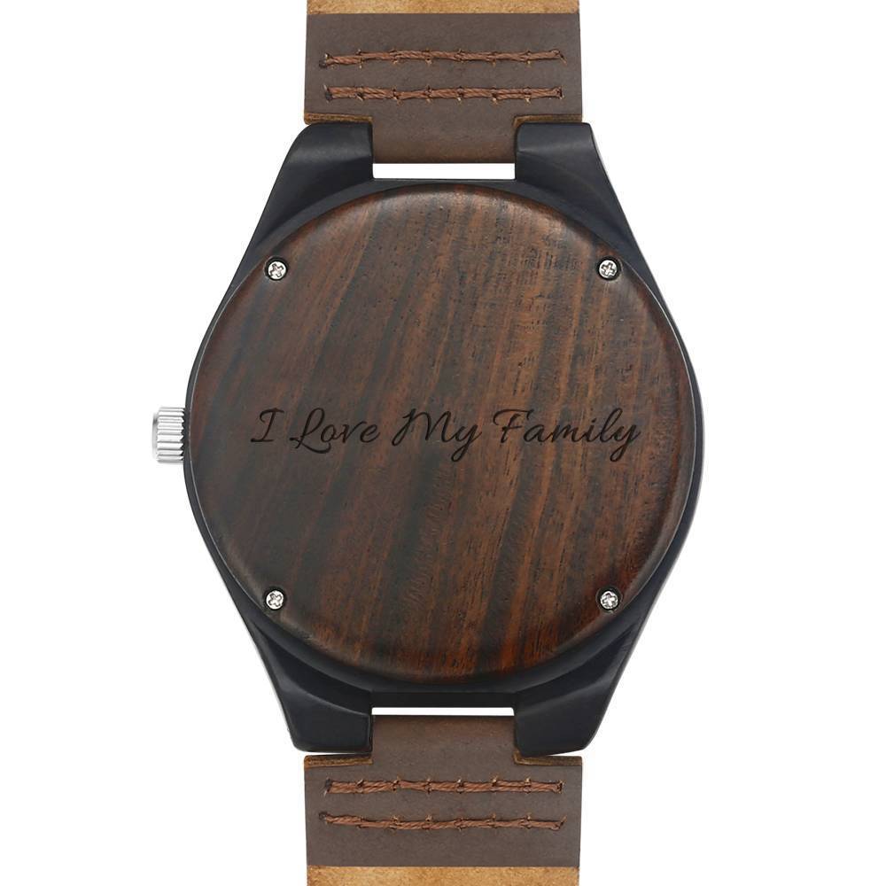 Hombre Madera Reloj Grabable de Foto Correa de Cuero Marrón 45mm