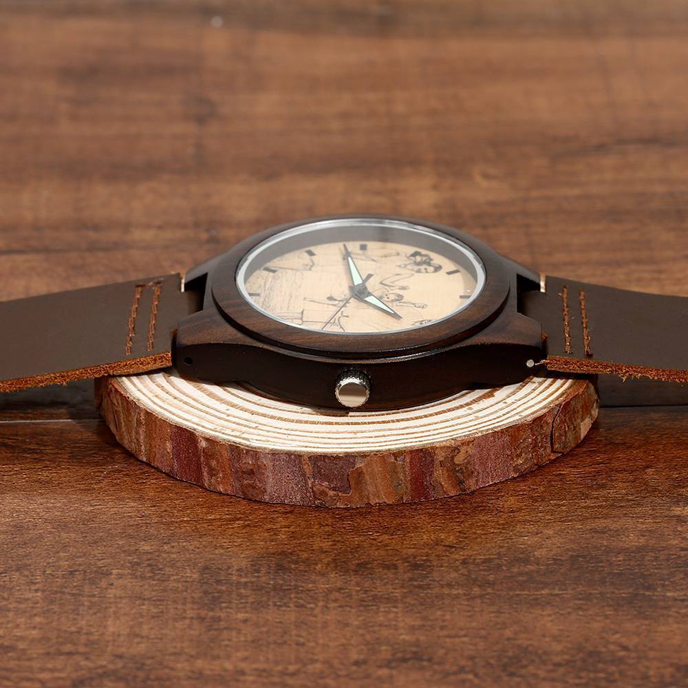 Hombre Madera Reloj Grabable de Foto Correa de Cuero Marrón 45mm
