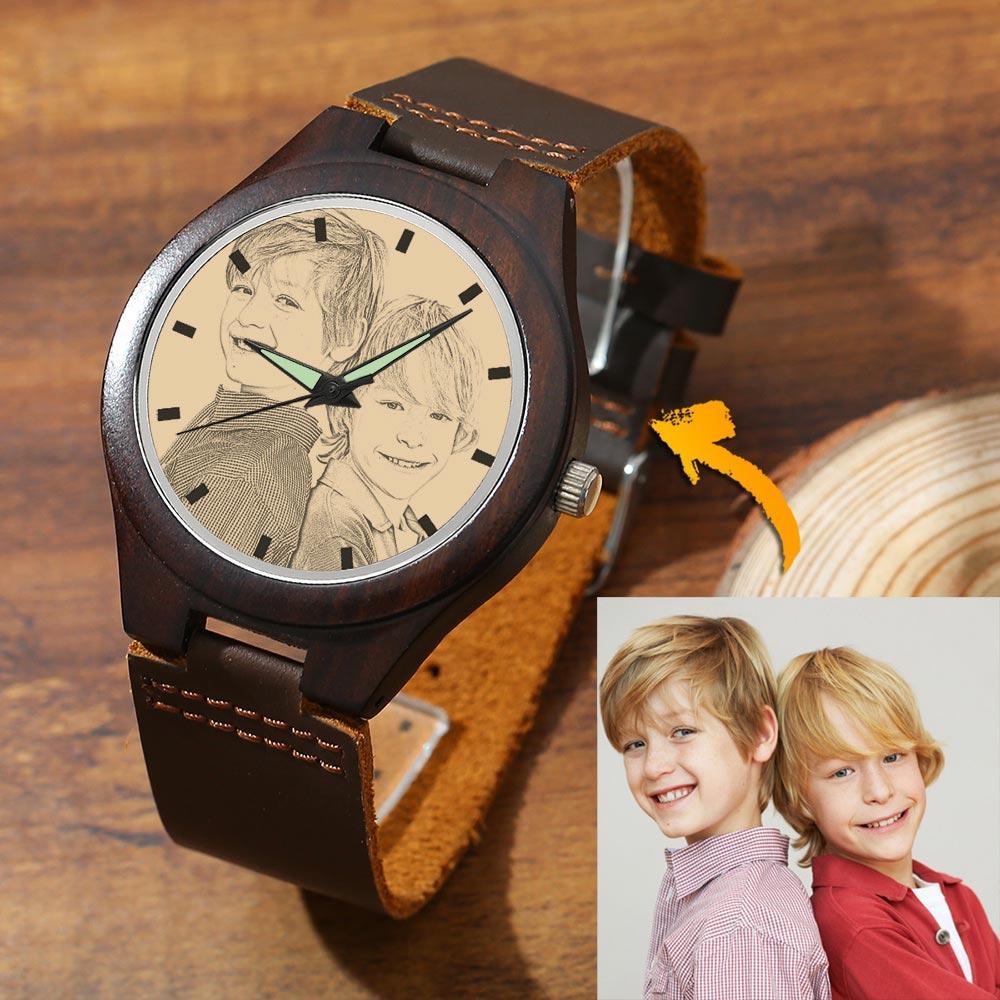 Hombre Madera Reloj Grabable de Foto Correa de Cuero Marrón 45mm