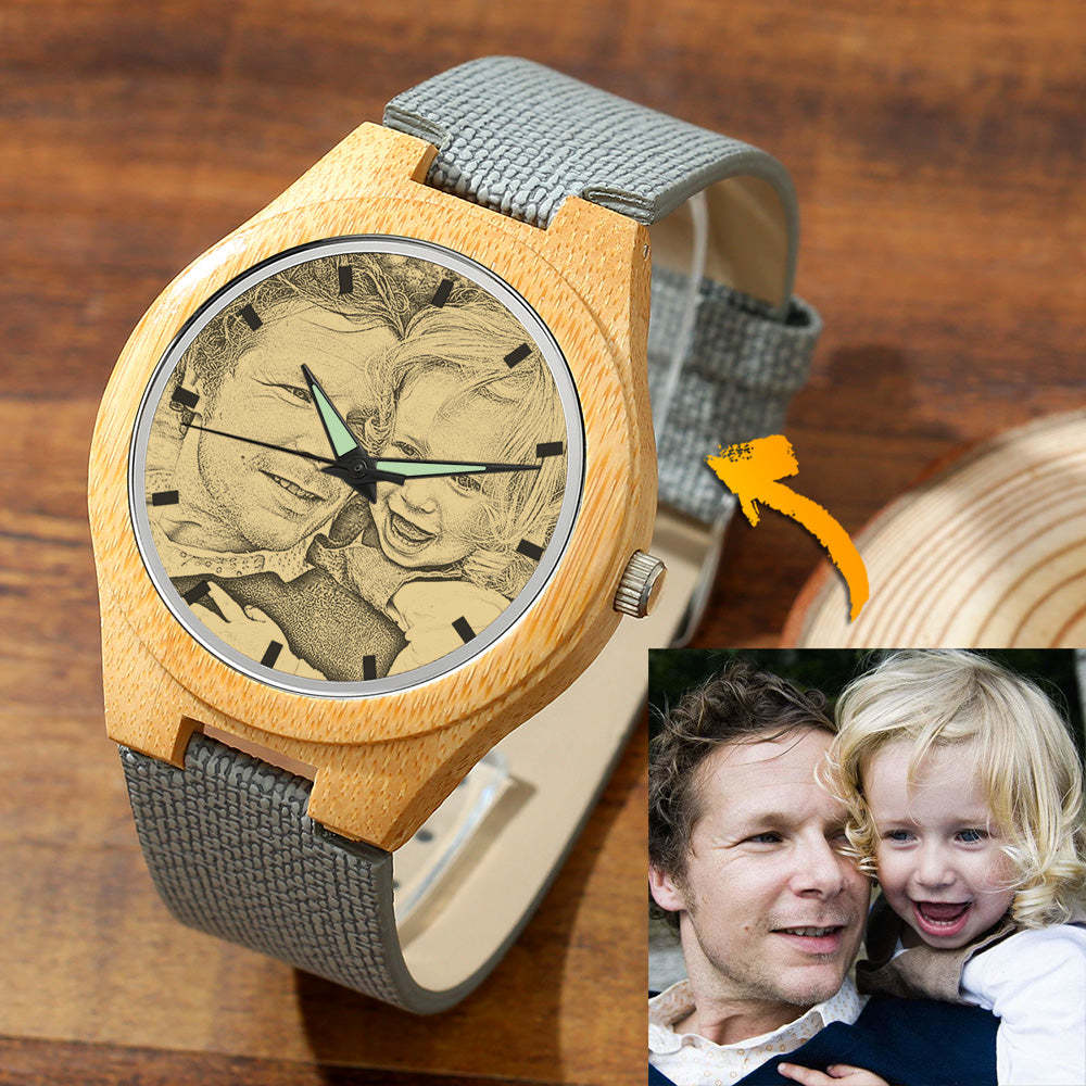 Hombre Madera Reloj Grabable de Foto Correa de Cuero de Color Madera 45mm