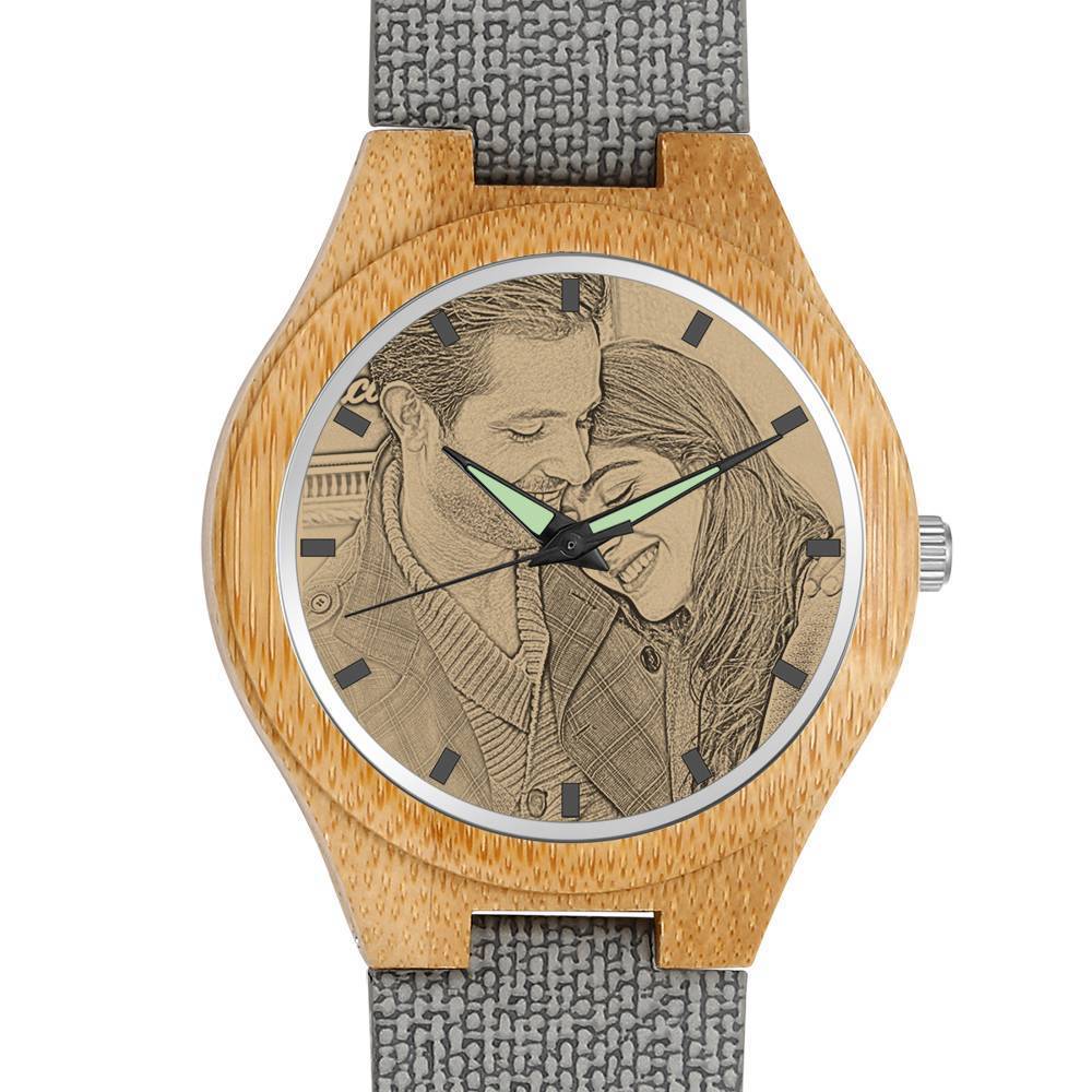 Hombre Bambú Reloj Grabable de Foto Correa de Cuero Gris 45mm