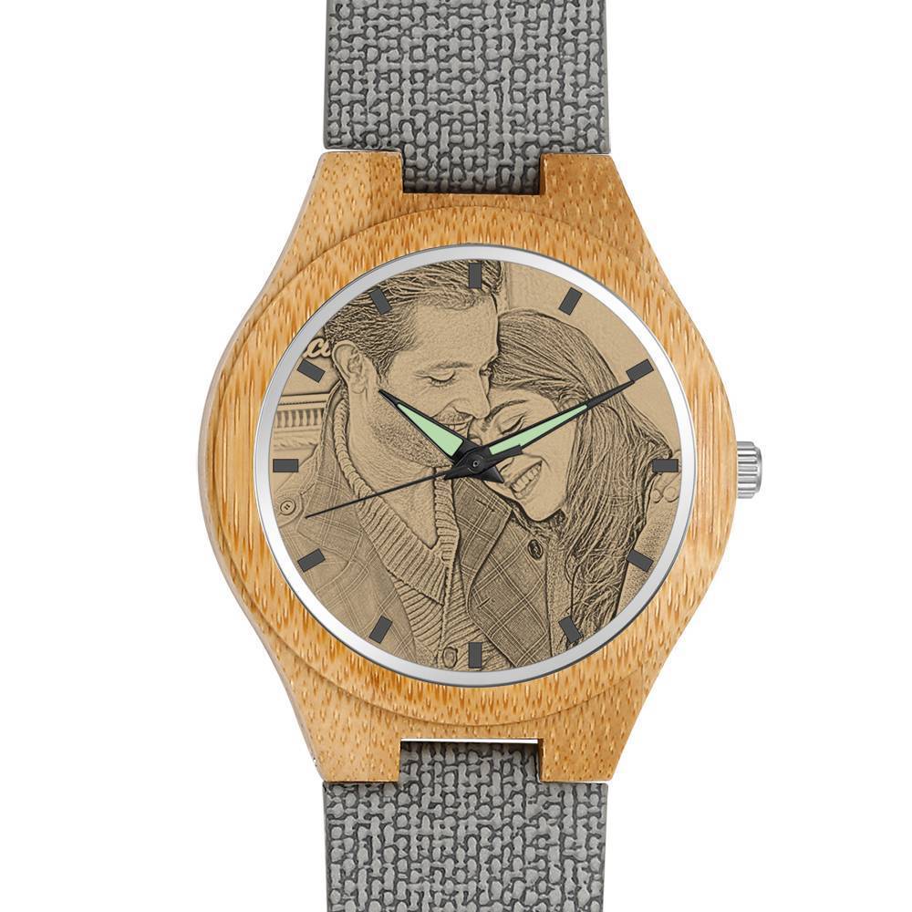 Femenino Bambú Reloj Grabable de Foto Correa de Cuero Gris 40mm