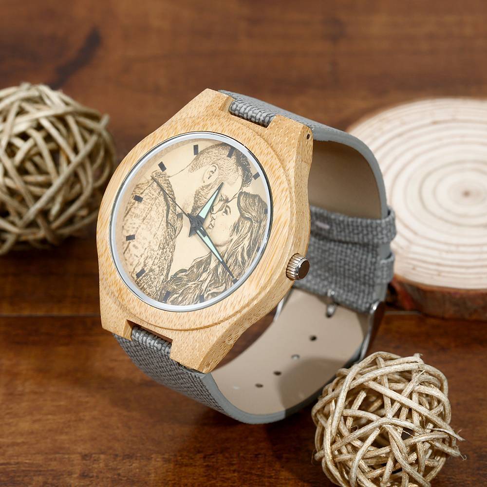 Hombre Bambú Reloj Grabable de Foto Correa de Cuero Gris 45mm