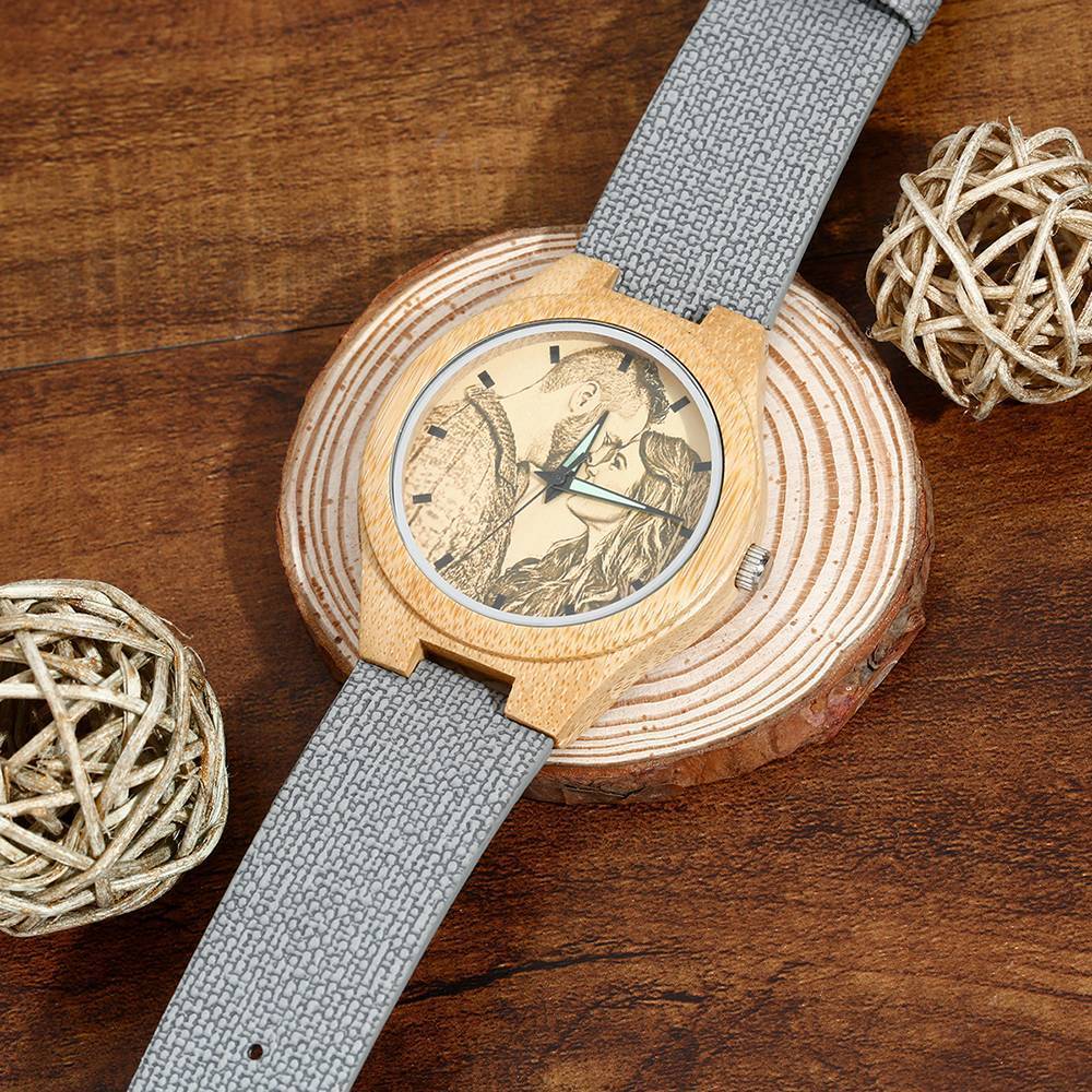 Hombre Bambú Reloj Grabable de Foto Correa de Cuero Gris 45mm