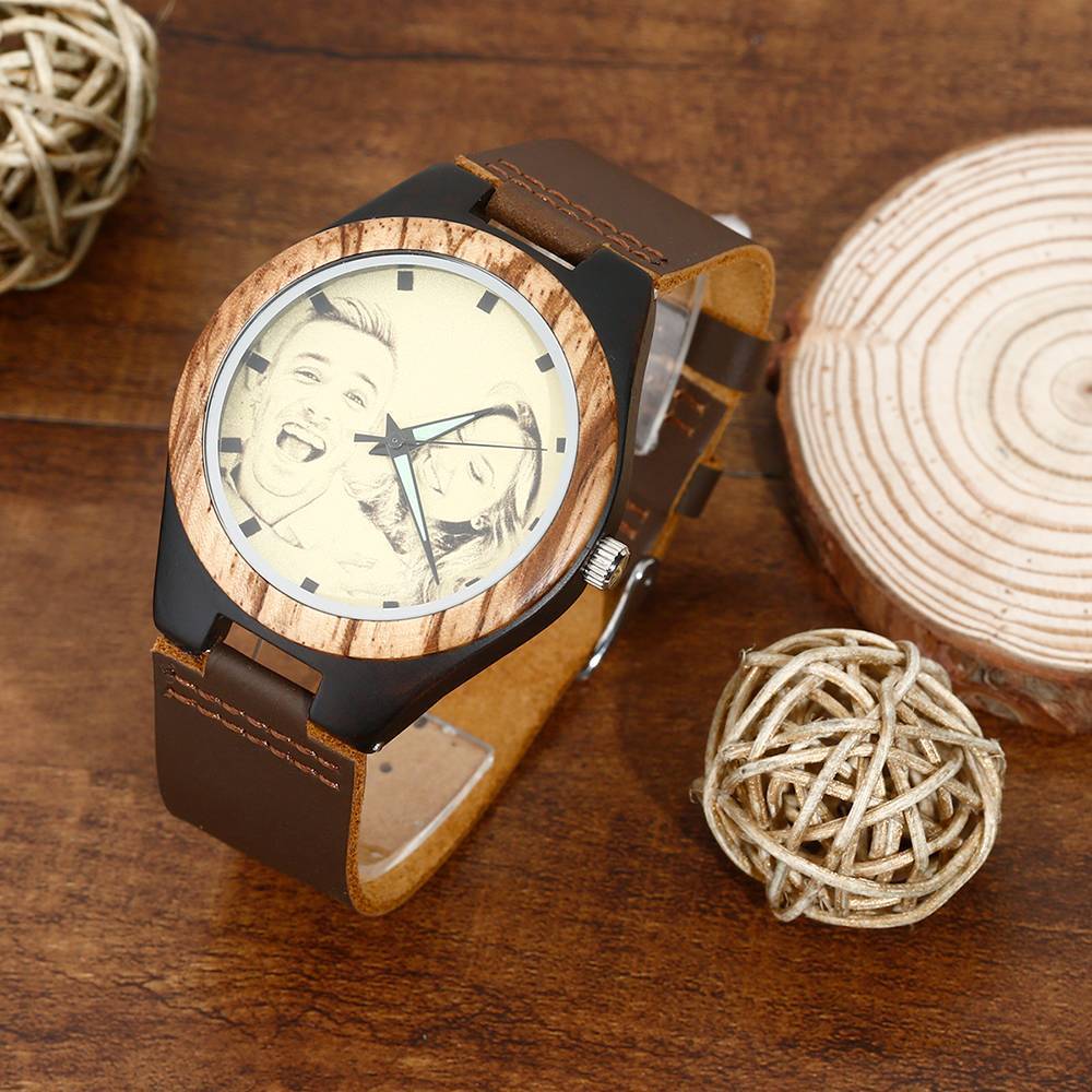 Hombre Madera Reloj Grabable de Foto Correa de Cuero Marrón 45mm