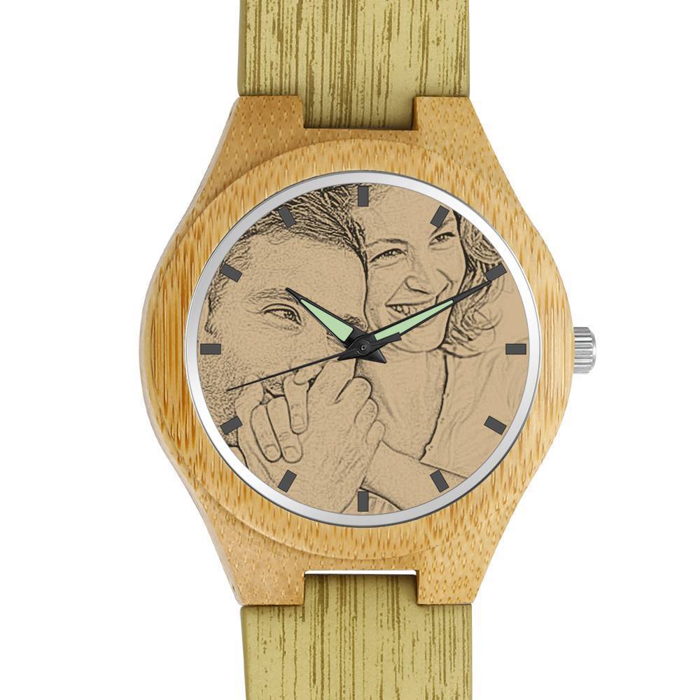 Hombre Madera Reloj Grabable de Foto Correa de Cuero de Color Madera 45mm