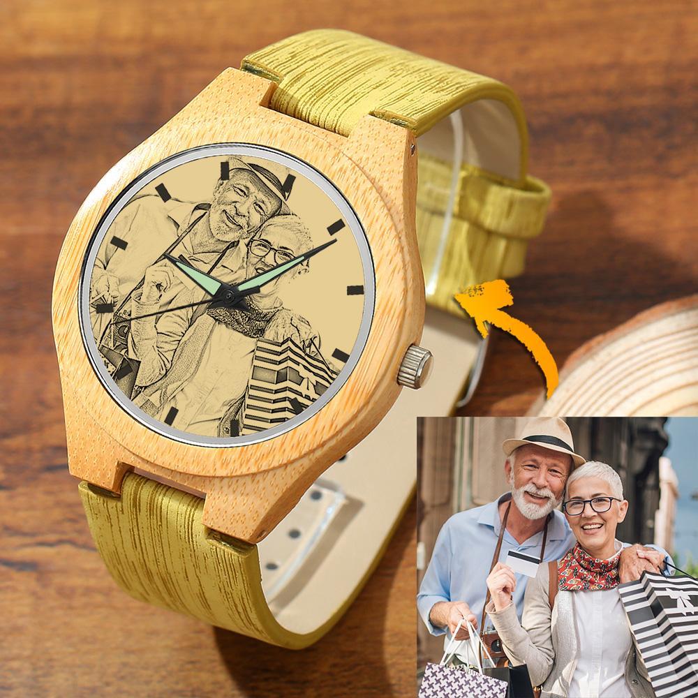 Hombre Reloj de Foto Bambú Grabable con Correa de Cuero Verde Oscuro 45mm