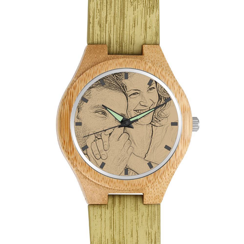 Femenino Bambú Reloj Grabable de Foto Correa de Cuero Gris 40mm