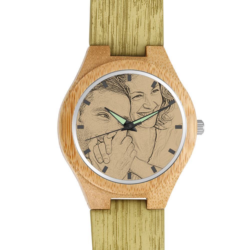 Femenino Grabable Bambú Reloj de Foto Correa de Cuero Verde Oscuro 40mm