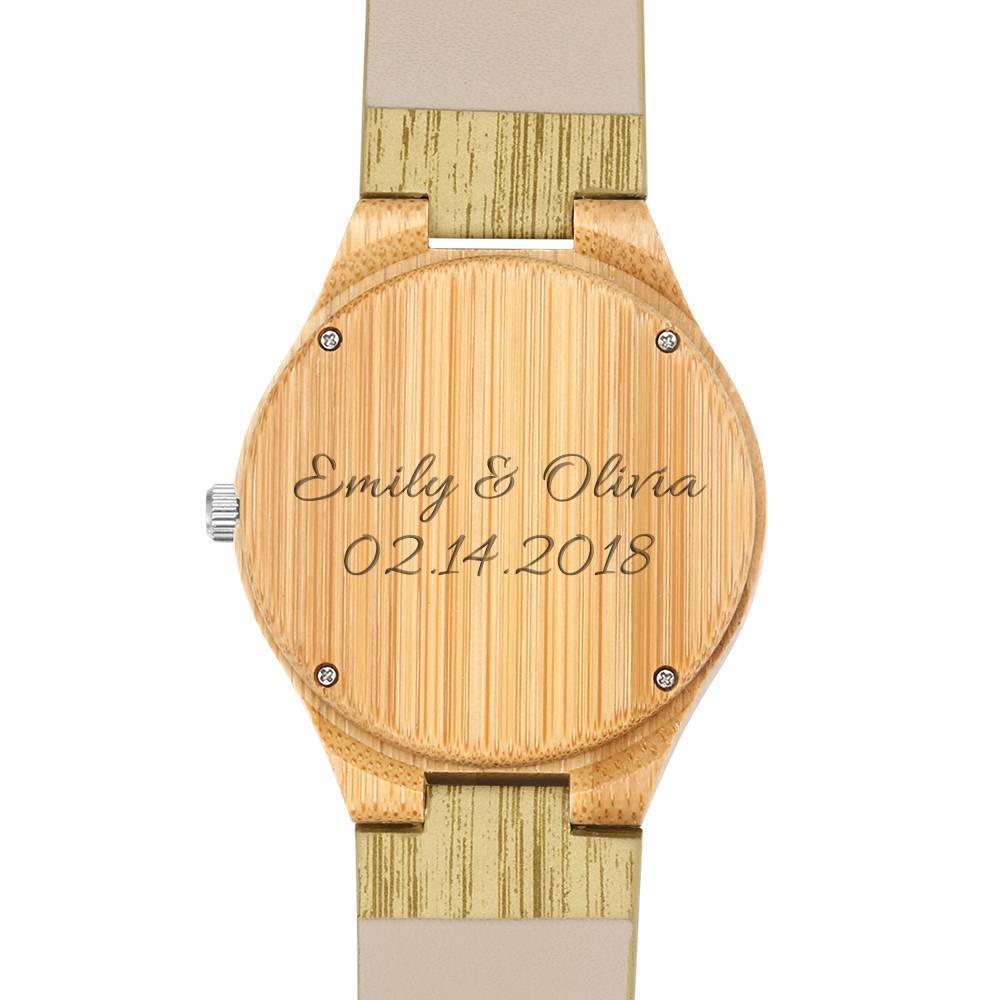Femenino Bambú Reloj Grabable de Foto Correa de Cuero Gris 40mm