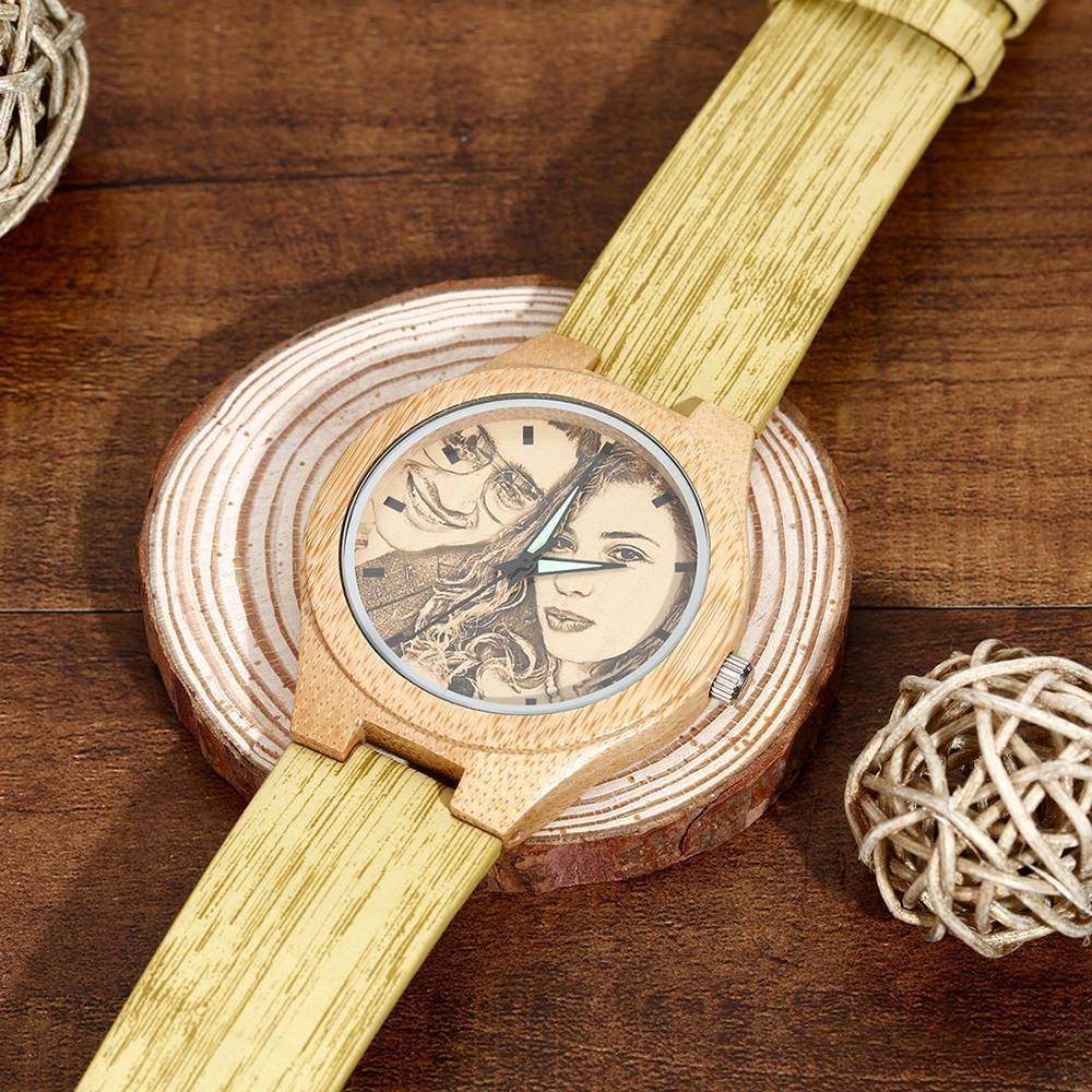 Hombre Madera Reloj Grabable de Foto Correa de Cuero de Color Madera 45mm