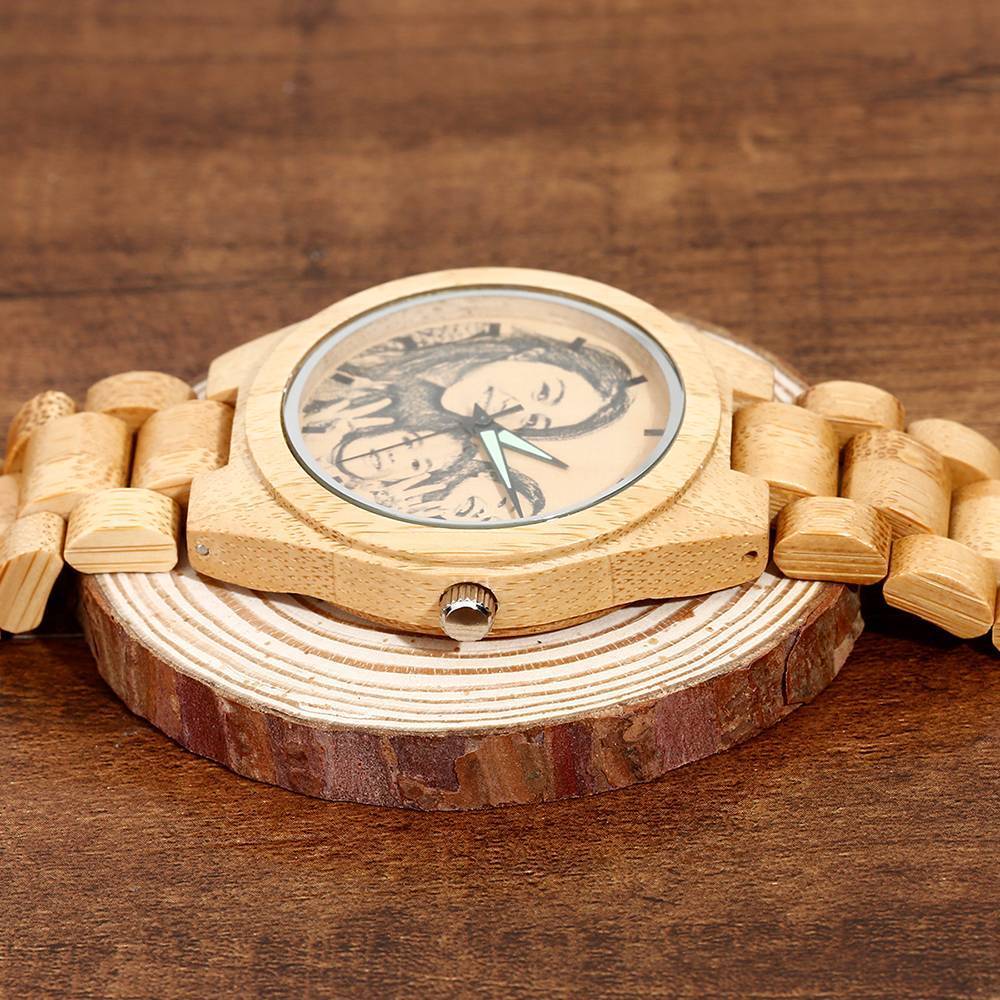Hombre Bambú Reloj Grabable de Foto Correa de Madera 45mm