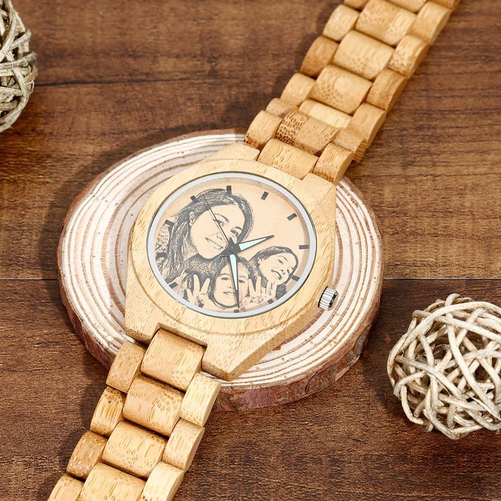 Hombre Bambú Reloj Grabable de Foto Correa de Madera 45mm