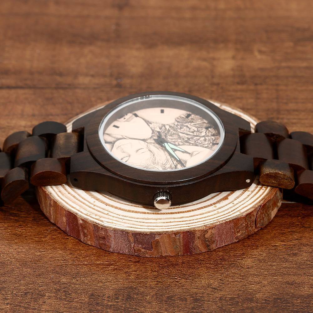 Hombre Madera Reloj Grabable de Foto Correa de Madera 45mm