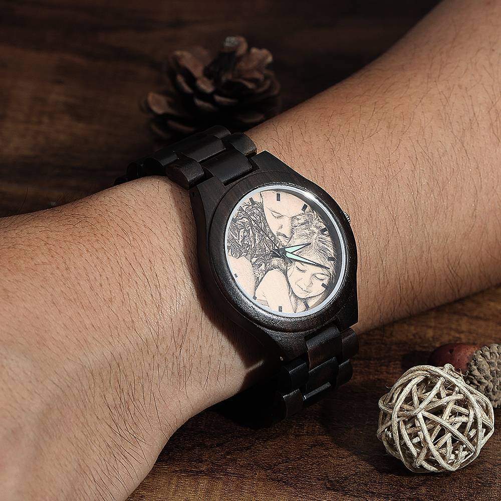 Hombre Madera Reloj Grabable de Foto Correa de Madera 45mm