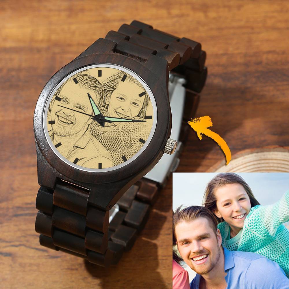 Hombre Madera Reloj Grabable de Foto Correa de Madera 45mm