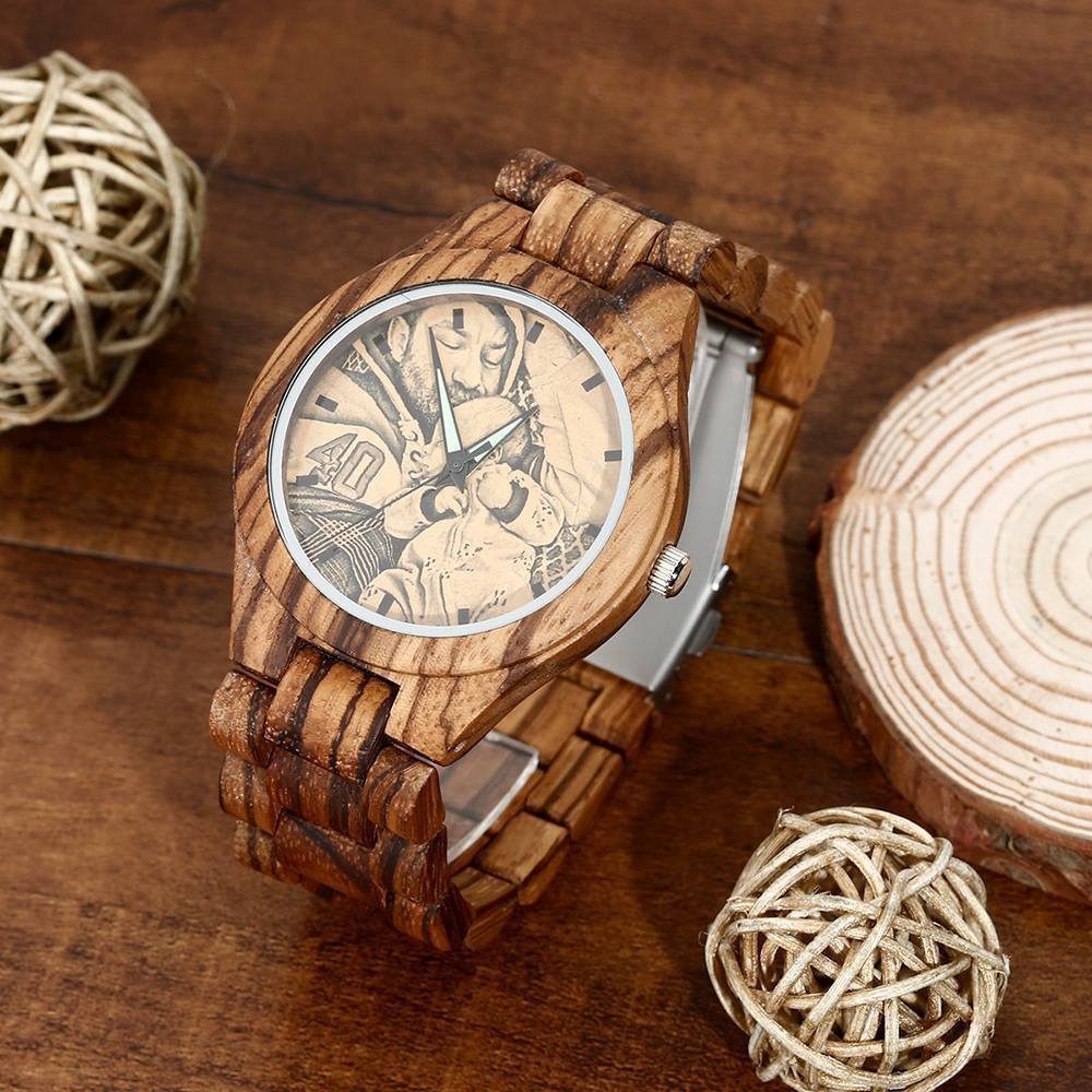 Hombre Madera Reloj Grabable de Foto Correa de Madera 45mm