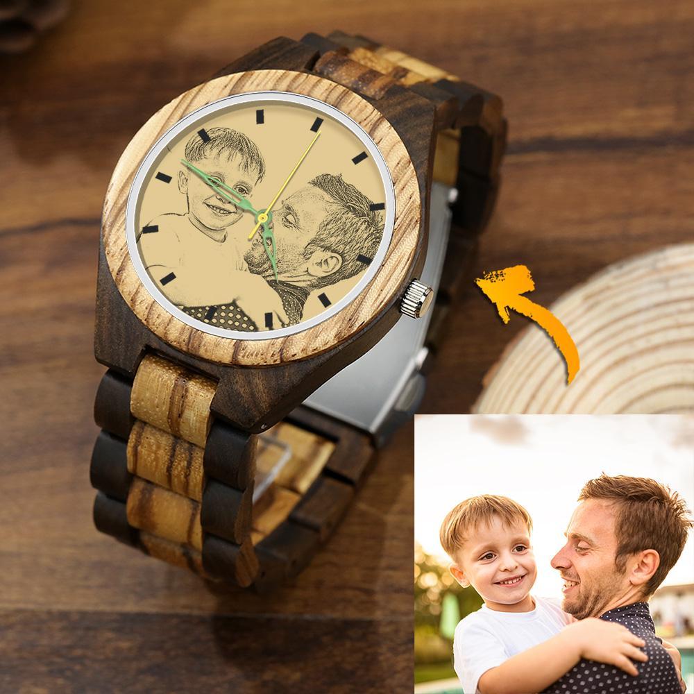 Hombre Reloj de Foto de Madera Grabable con Correa de Madera 45mm