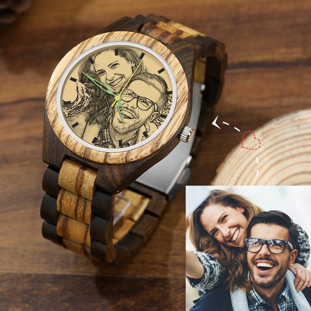 Hombre Reloj de Foto de Madera Grabable con Correa de Madera 45mm