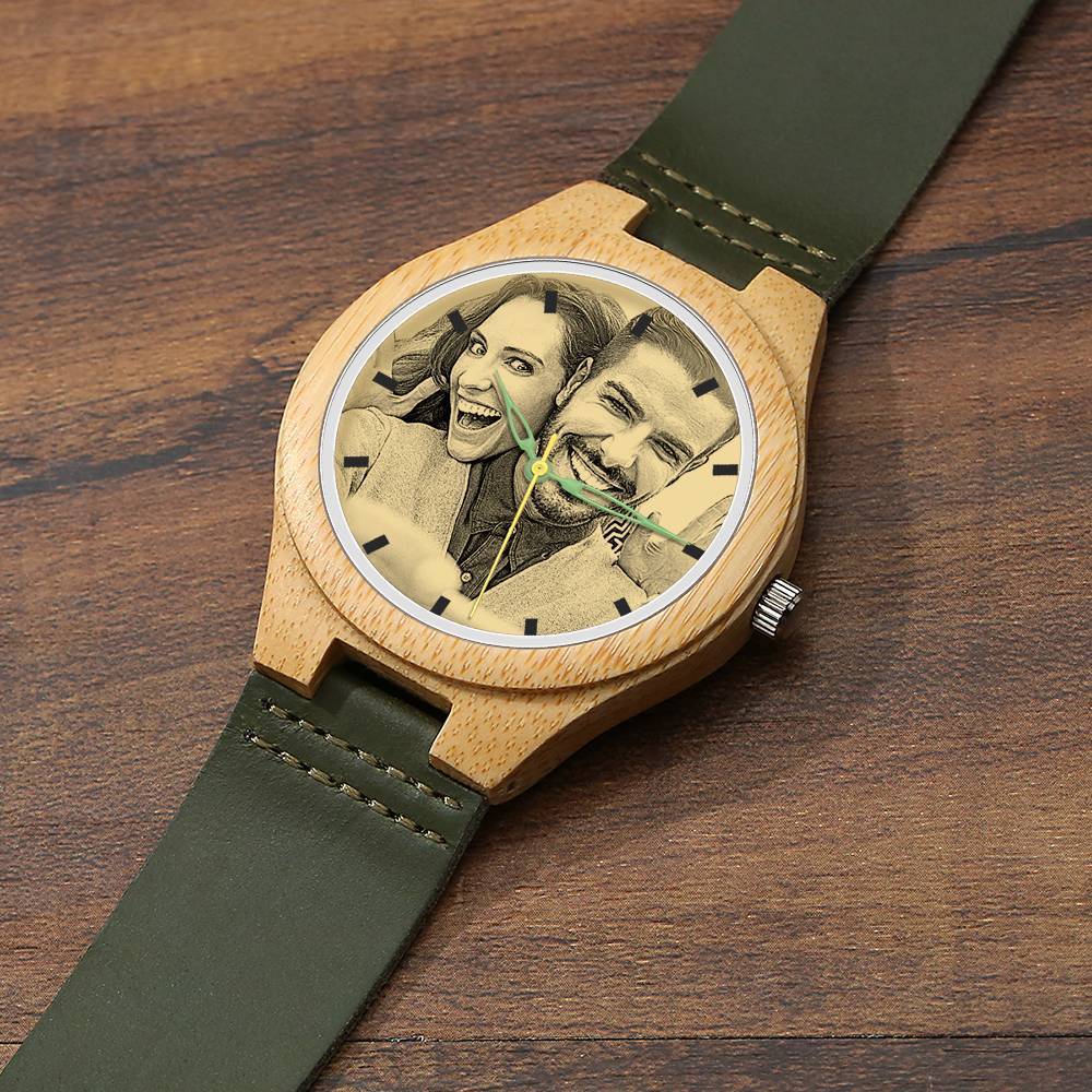 Hombre Reloj de Foto Bambú Grabable con Correa de Cuero Verde Oscuro 45mm