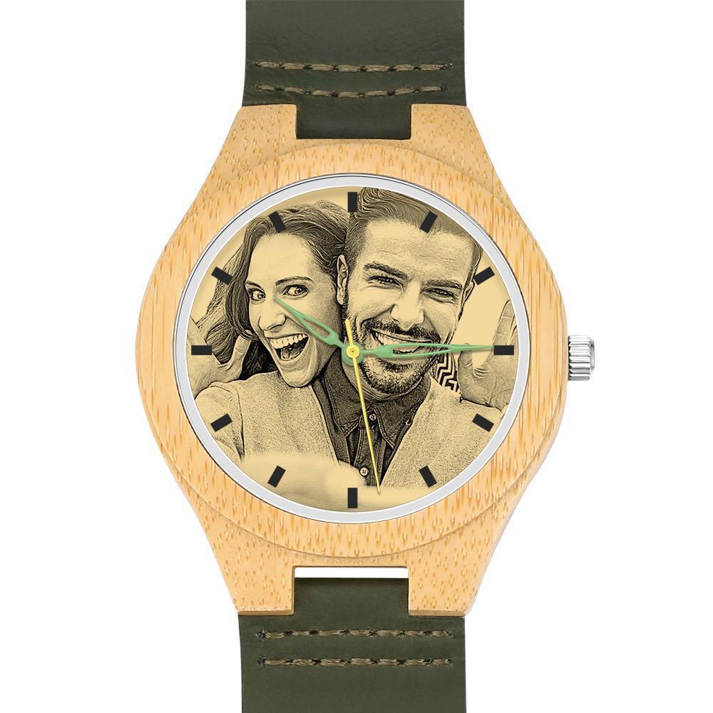 Hombre Bambú Reloj Grabable de Foto Correa de Cuero Marrón 45mm