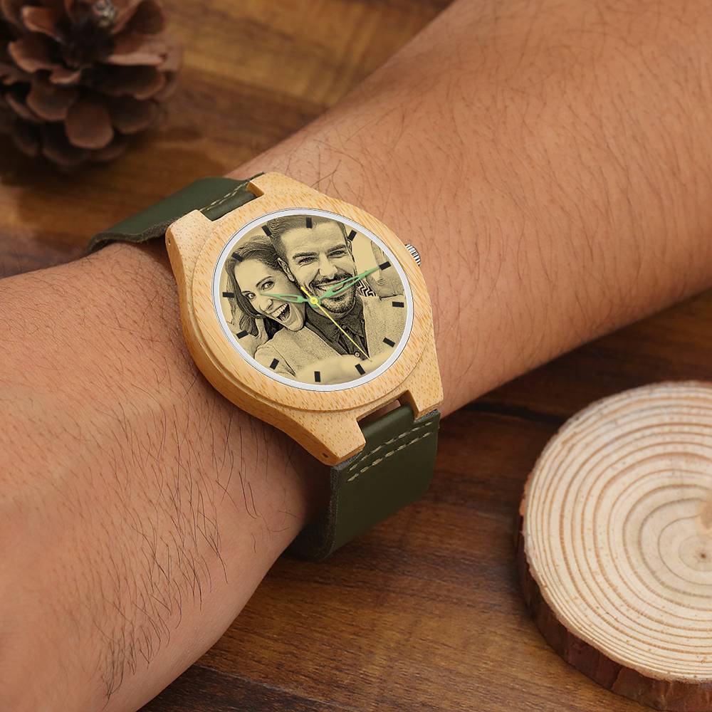 Hombre Reloj de Foto Bambú Grabable con Correa de Cuero Verde Oscuro 45mm