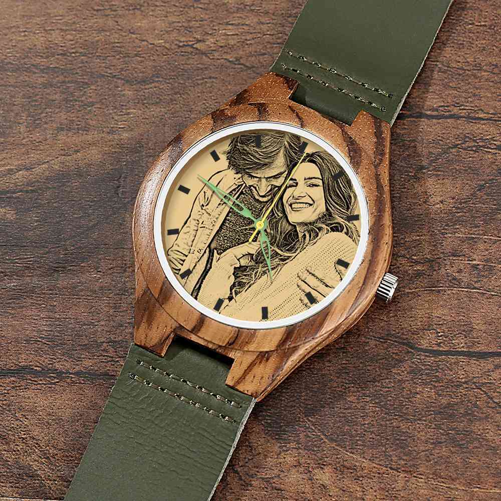 Hombre Reloj de Foto Grabable de Madera con Correa de Cuero Verde Oscuro 45mm
