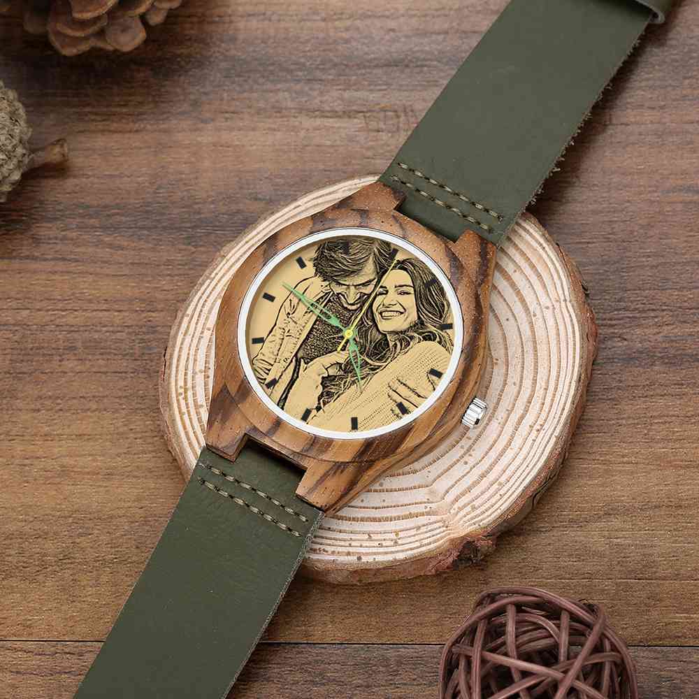 Hombre Reloj de Foto Grabable de Madera con Correa de Cuero Verde Oscuro 45mm