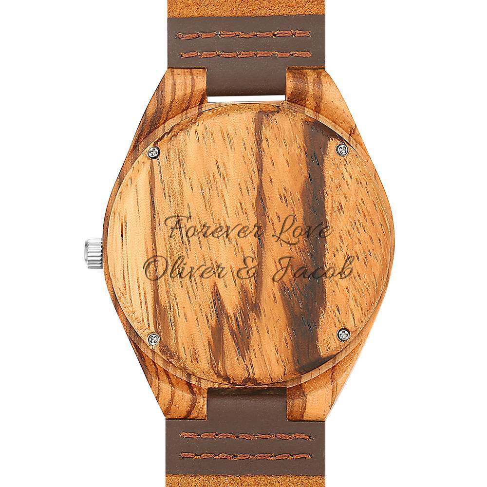 Hombre Reloj de Foto Grabable de Madera con Correa de Cuero Marrón 45mm