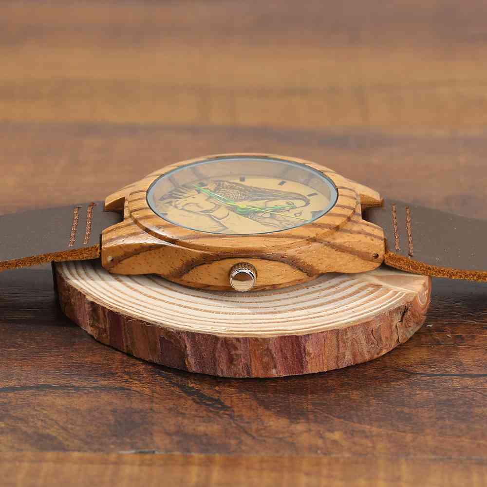 Hombre Reloj de Foto Grabable de Madera con Correa de Cuero Marrón 45mm