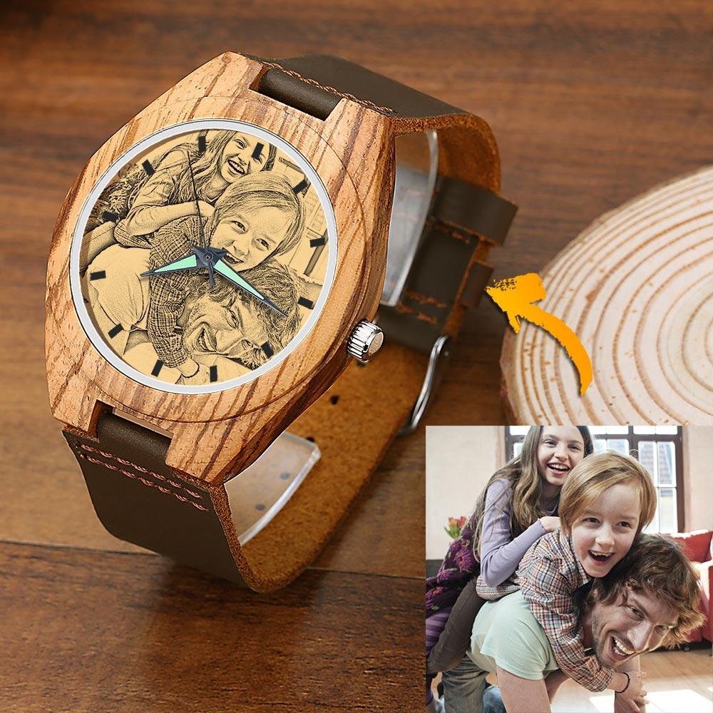 Hombre Reloj de Foto Grabable de Madera con Correa de Cuero Marrón 45mm