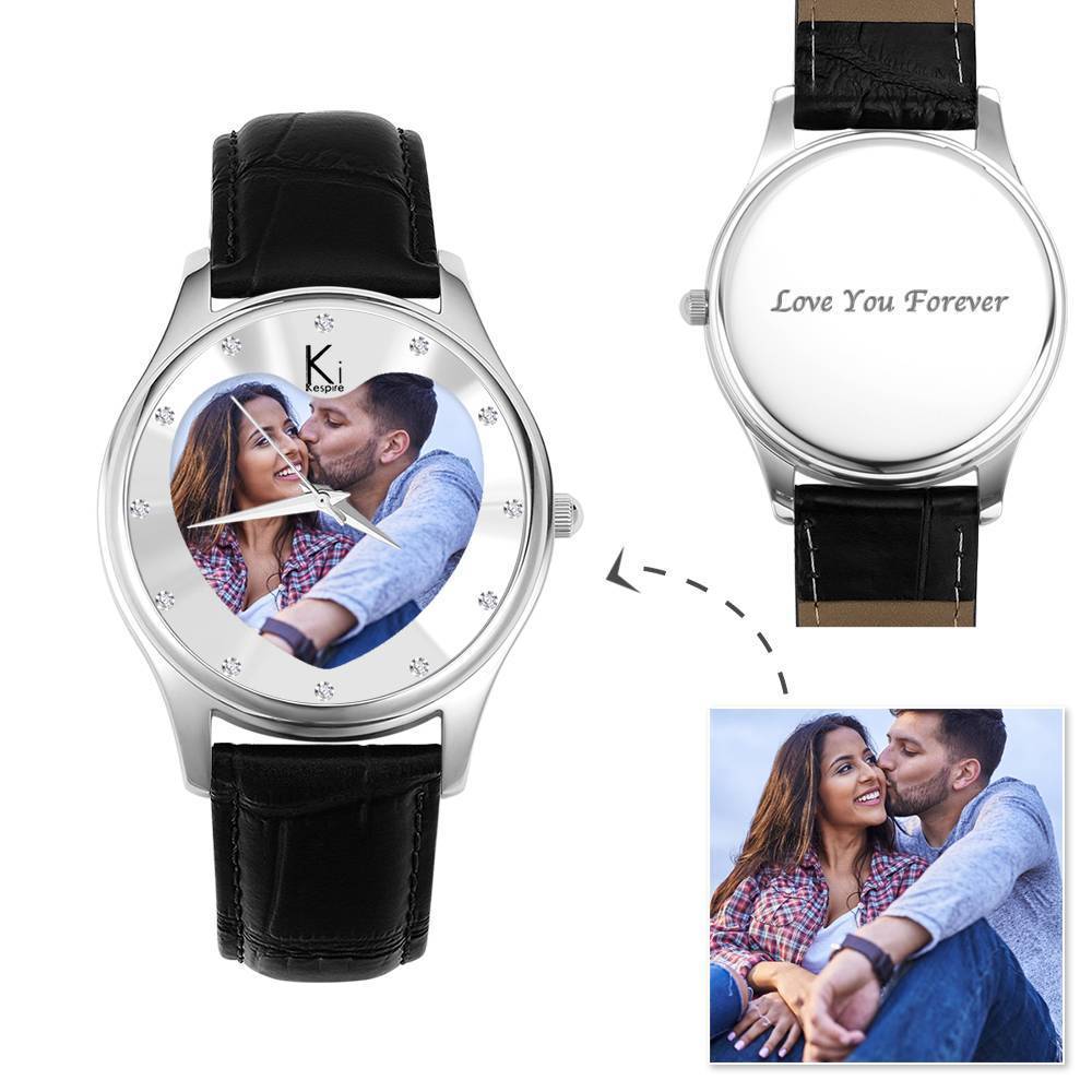 Mujer Reloj Grabable con Foto 40mm Pulsera de Cuero Negro