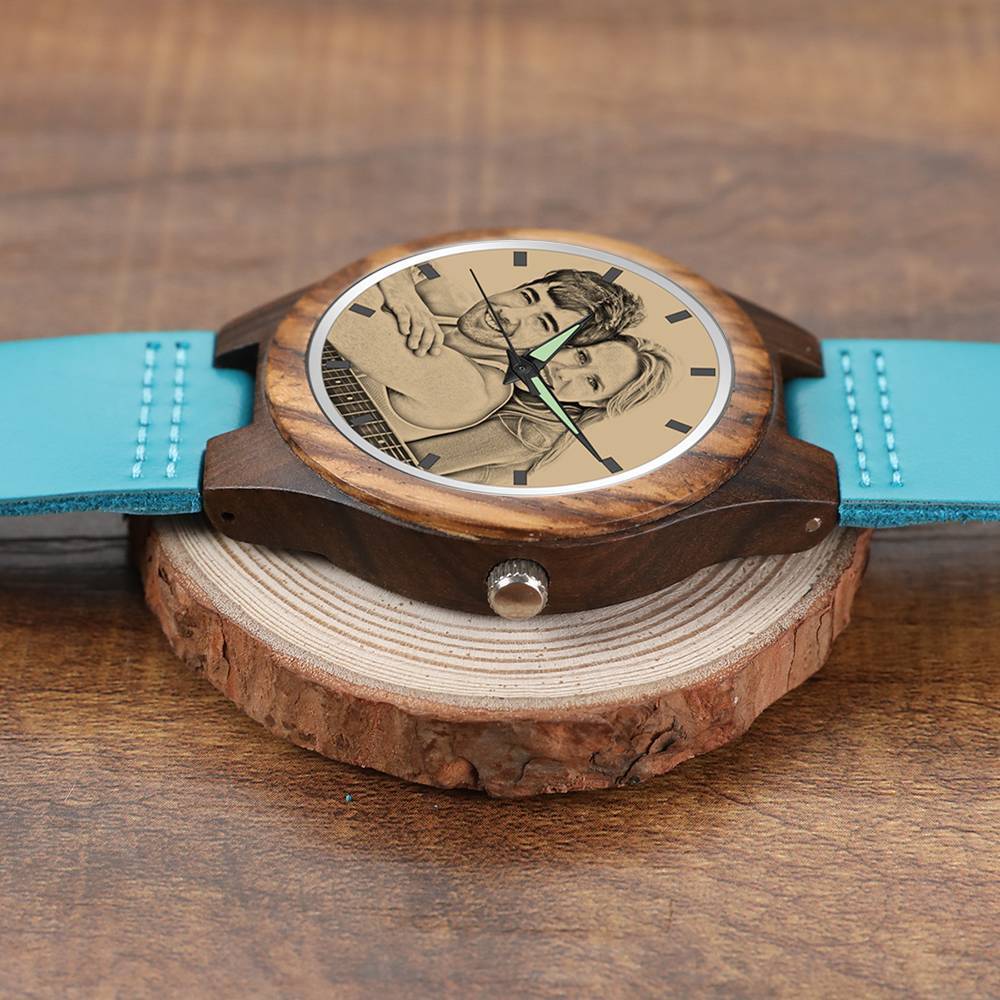 Hombre Reloj Grabable de Madera con Foto con Pulsera de Cuero Azul - Sándalo