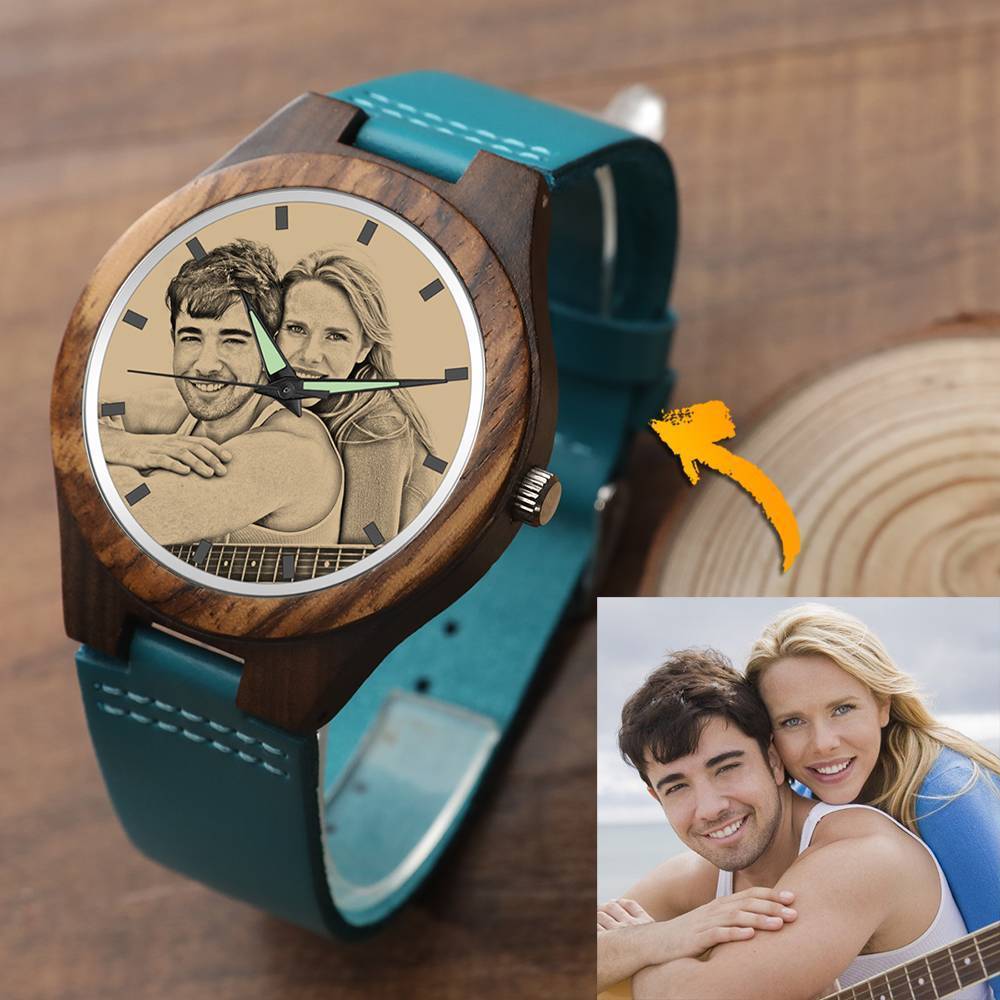 Hombre Reloj Grabable de Madera con Foto con Pulsera de Cuero Azul - Sándalo