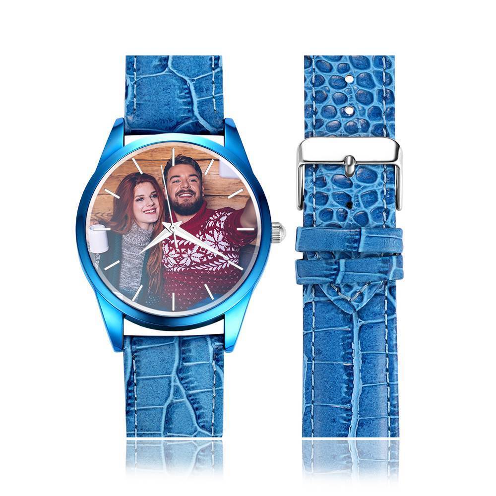 Personalizado Reloj con Grabado, Foto Reloj con Correa de Cuero Azul para Mujeres