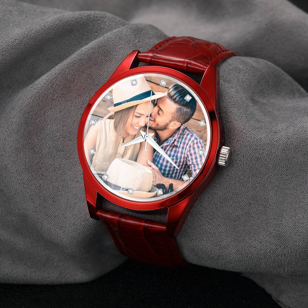 Personalizado Reloj con Grabado, Foto Reloj con Correa de Cuero Rojo para Hombres - Regalo para Novio