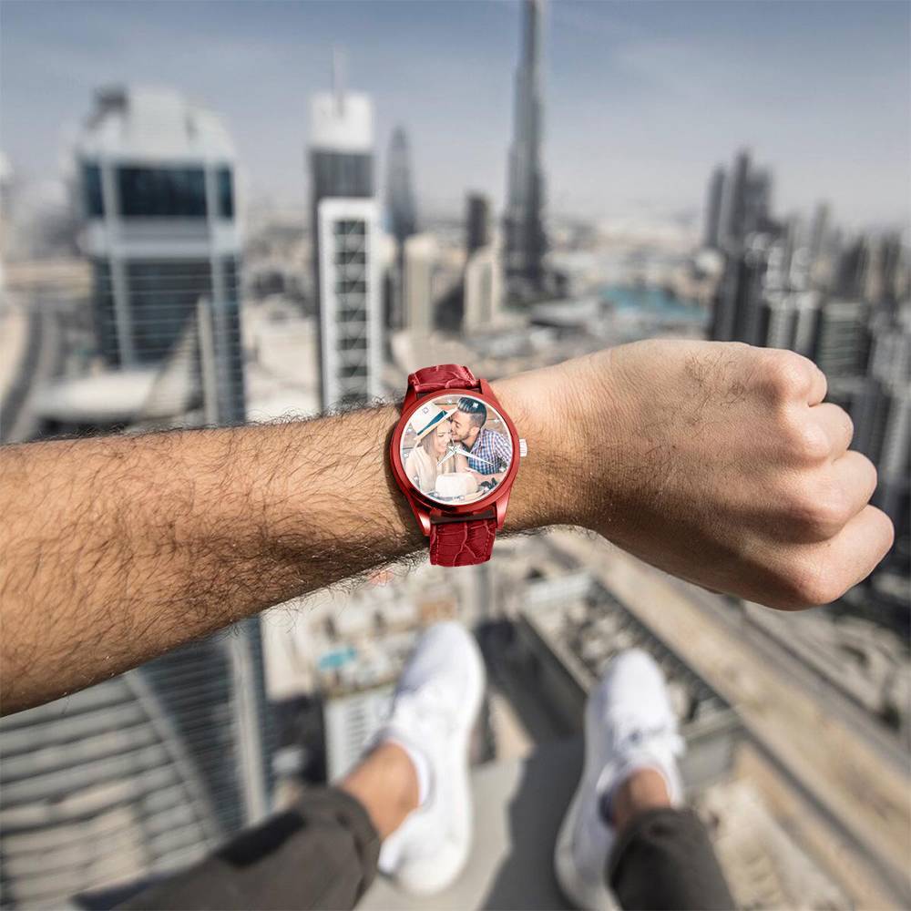 Personalizado Reloj con Grabado, Foto Reloj con Correa de Cuero Rojo para Hombres - Regalo para Novio